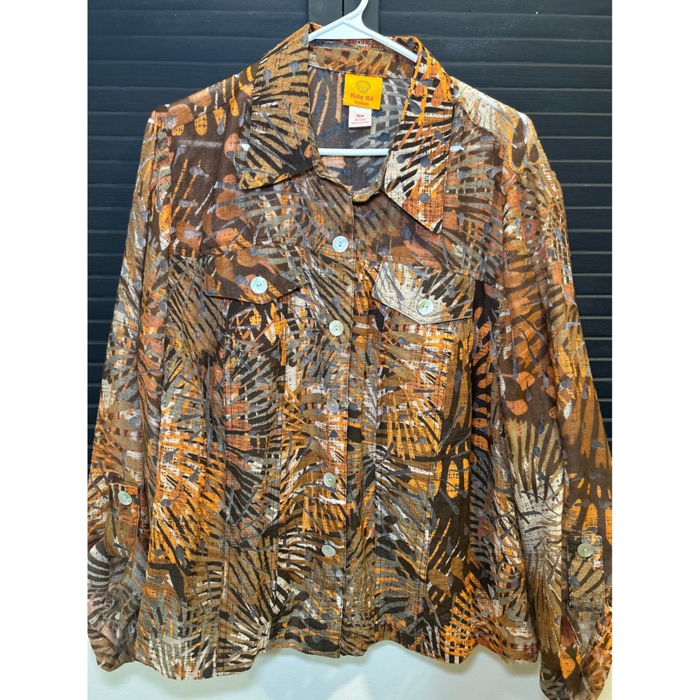 Ruby Rd Woman 16W Orange Brown Tropical Palm Print Button Front Shirt Jacket